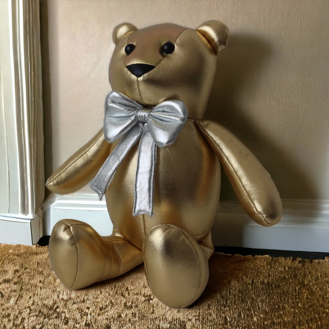 Peluche Oso Dorado Metalico Moño 40 Cm Grande Teddy Bear