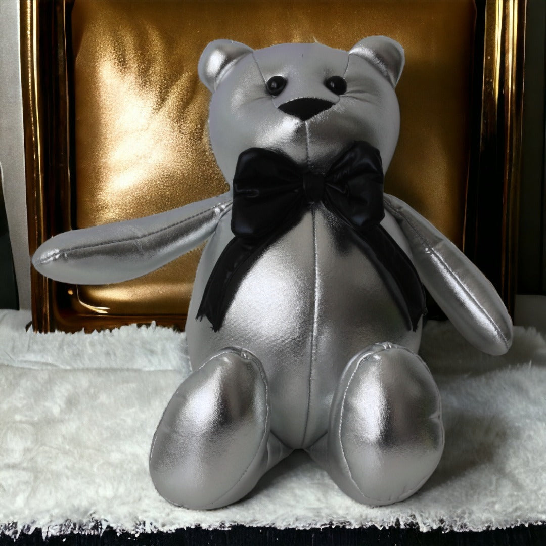 Peluche Oso Plateado Metalico Moño 40 Cm Grande Teddy Bear